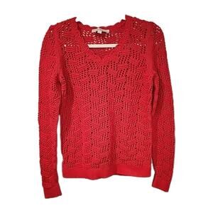 LOFT Sweater Medium Crochet Open Knit Pullover V Neck Long Slv Coral